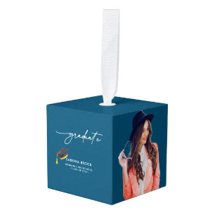  Simple Minimalist Script 3 Photo Graduation Blue Cube Ornament