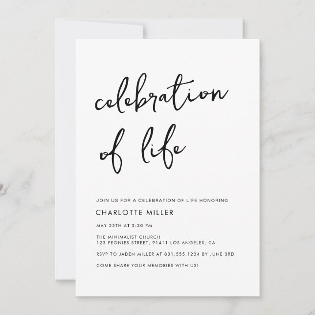 Simple Minimalist Script Celebration Of Life  Invitation (Front)