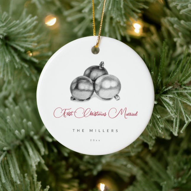 Simple Minimalist Script First Christmas Married Ceramic Ornament (Tree)