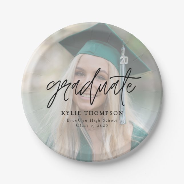 Simple Minimalist Script Graduation Photo Overlay Paper Plates (Front)