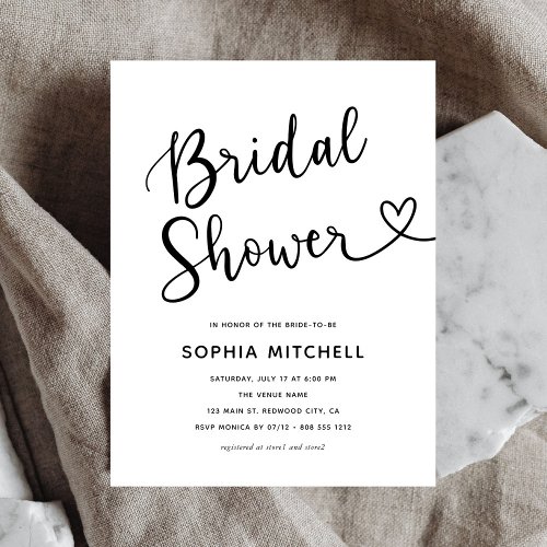 Simple Minimalist Script Heart Bridal Shower Postcard