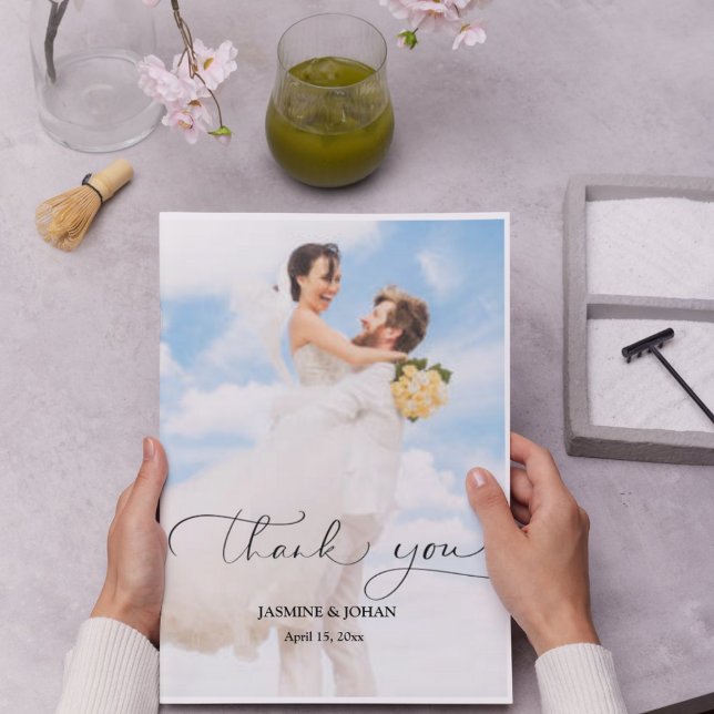 Simple Minimalist Script Modern Wedding 2 Photos Thank You Card (Creator Uploaded)