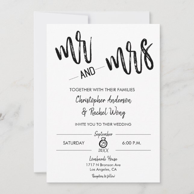 Simple Minimalist Script Mr and Mrs Wedding Invitation (Front)