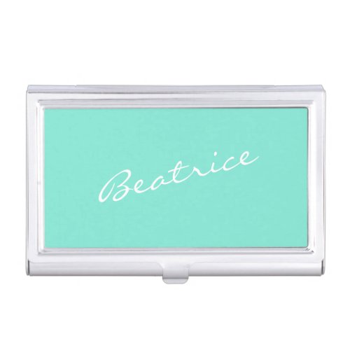 Simple Minimalist Script Name in Mint Green Business Card Case