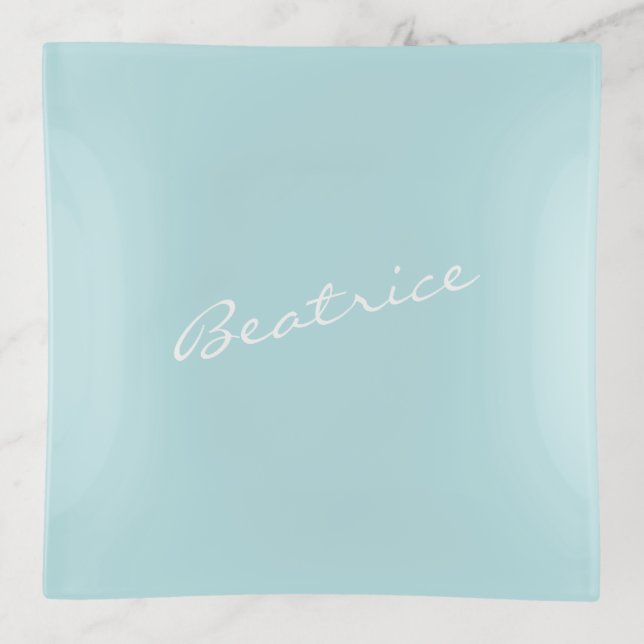 Simple Minimalist Script Name Pastel Aqua Custom Trinket Tray (Front)
