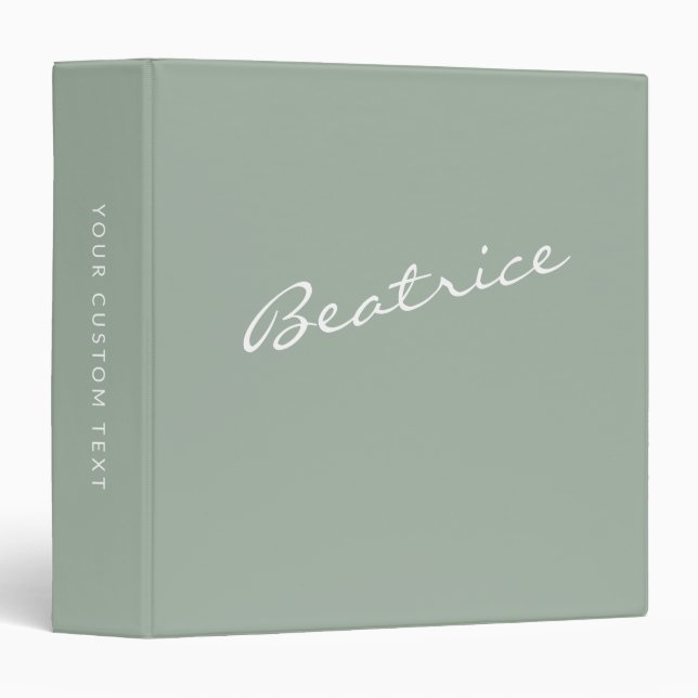 Simple Minimalist Script Name Sage Green Custom  3 Ring Binder (Front/Spine)