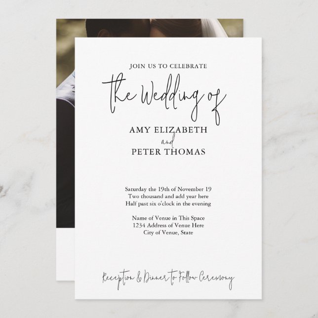 Simple, Minimalist Script - QR - BW Wedding Photo Invitation (Front/Back)
