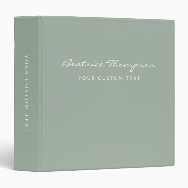 Simple Minimalist Script Sage Green Personalized 3 Ring Binder (Front/Spine)