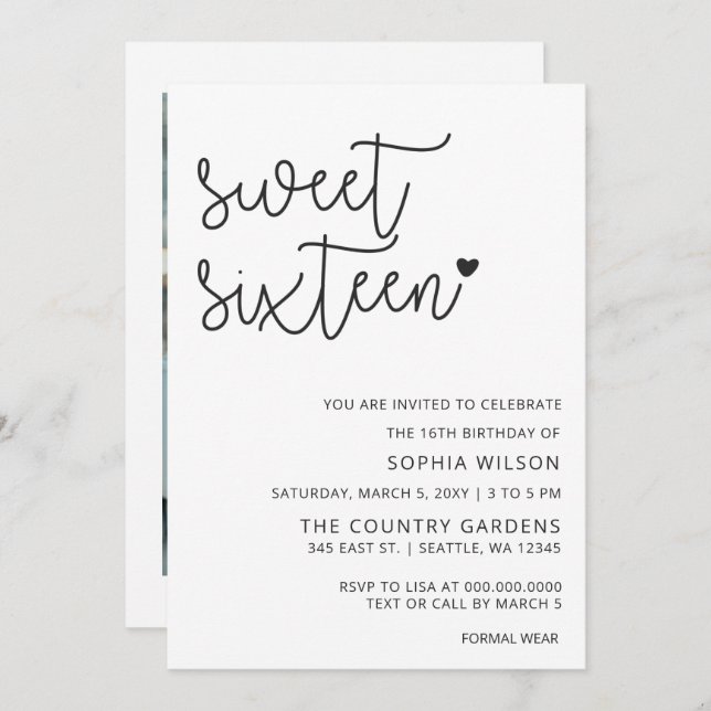 Simple Minimalist Script Sweet 16 Birthday Photo I Invitation (Front/Back)