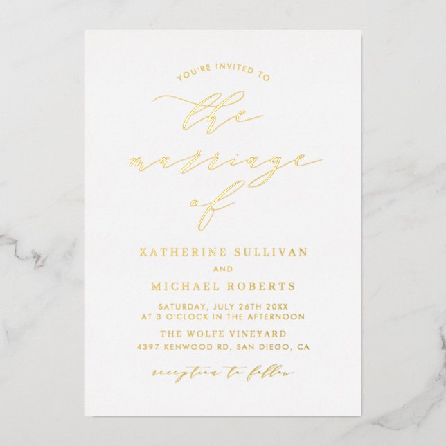 Simple Minimalist Script Wedding Foil Invitation (Front)