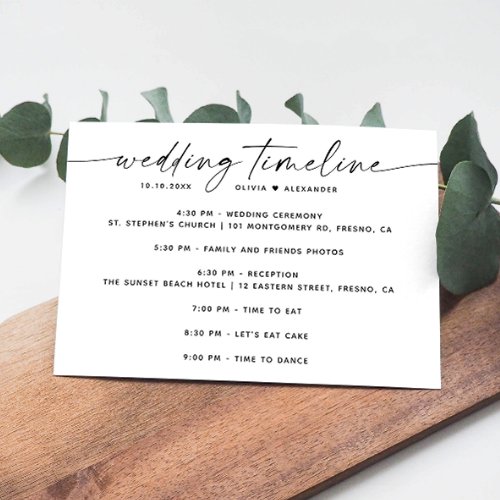 Simple minimalist script wedding party timeline invitation