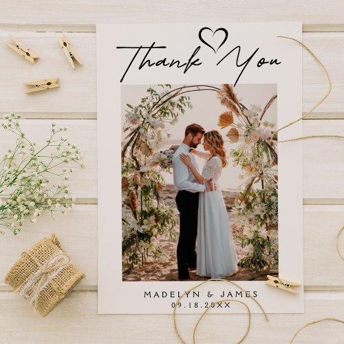 Simple Minimalist Script with Heart Wedding Photo Thank You Card