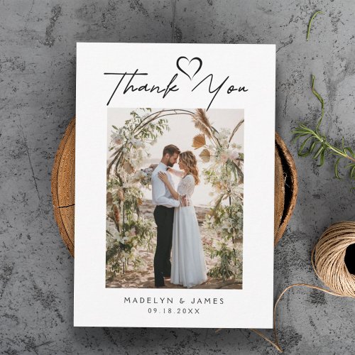 Simple Minimalist Script with Heart Wedding Photo Thank You Card
