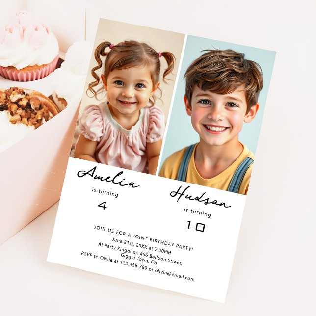Simple Minimalist Siblings Birthday Party Photo Invitation (Creator Uploaded)