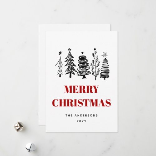 Simple Minimalist Sketch Black White Red Christmas Holiday Card