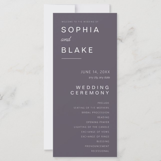 Simple Minimalist Smoke Gray Wedding Program (Front)