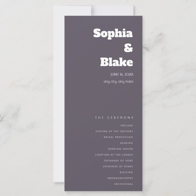 Simple Minimalist Smoke Gray Wedding Program (Front)