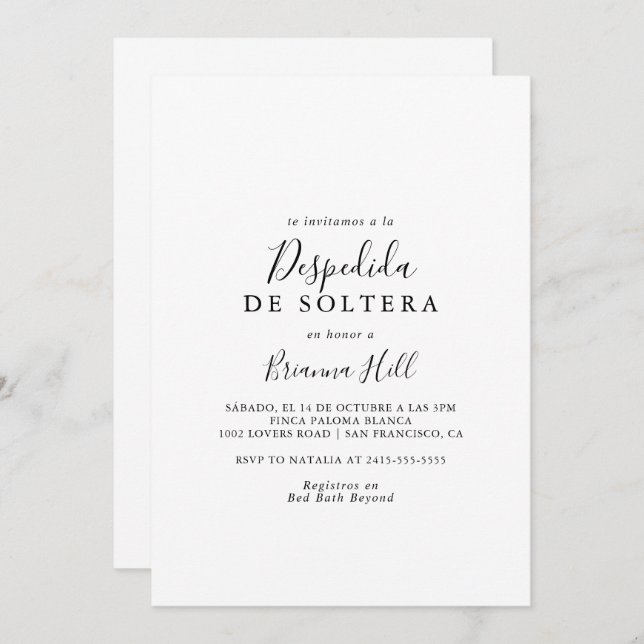 Simple Minimalist Spanish Bridal Shower Invitation (Front/Back)