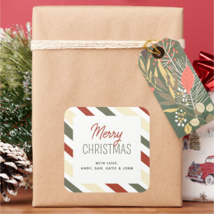Simple Minimalist Striped Merry Christmas Name Square Sticker
