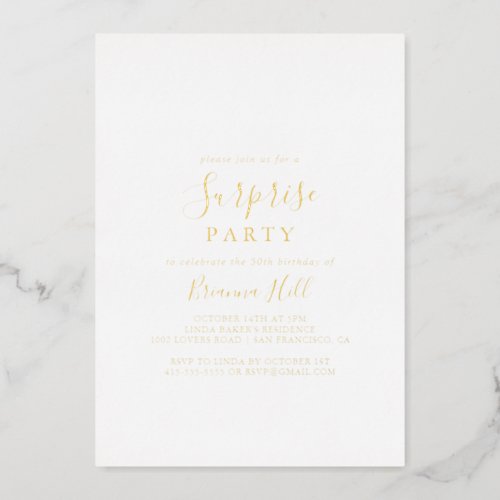 Simple Minimalist Surprise Party Gold   Foil Invitation