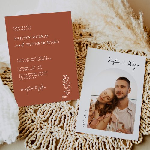 Simple Minimalist Terracotta Photo Wedding Invitation