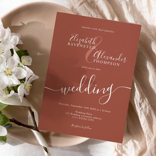 Simple minimalist terracotta script boho wedding invitation