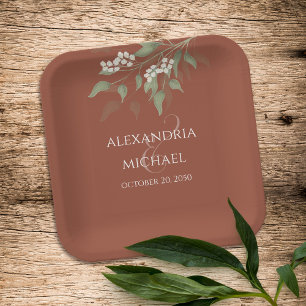 Simple Minimalist Terracotta Wedding Calligraphy Paper Plates
