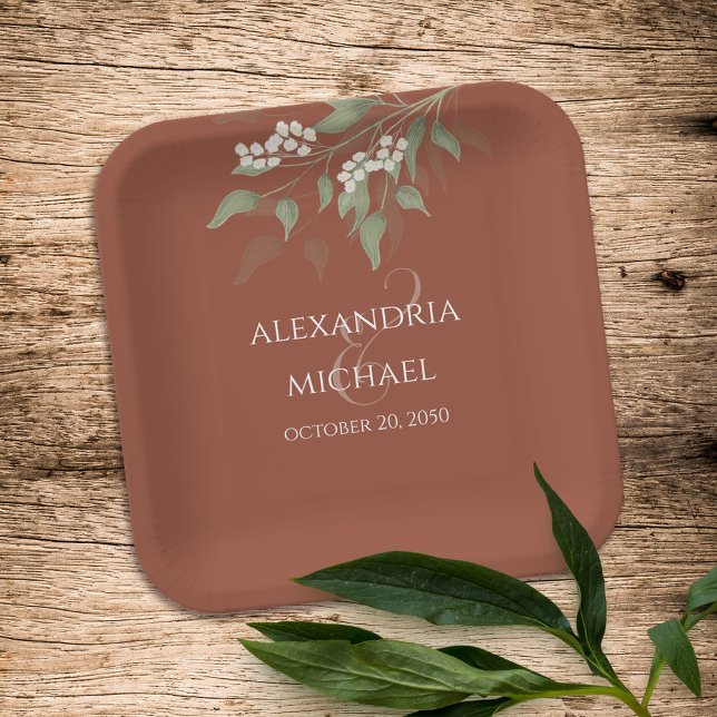 Simple Minimalist Terracotta Wedding Calligraphy Paper Plates (Creator Uploaded)