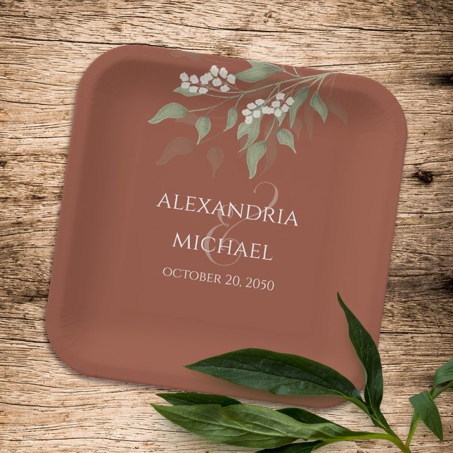 Simple Minimalist Terracotta Wedding Calligraphy Paper Plates (Creator Uploaded)