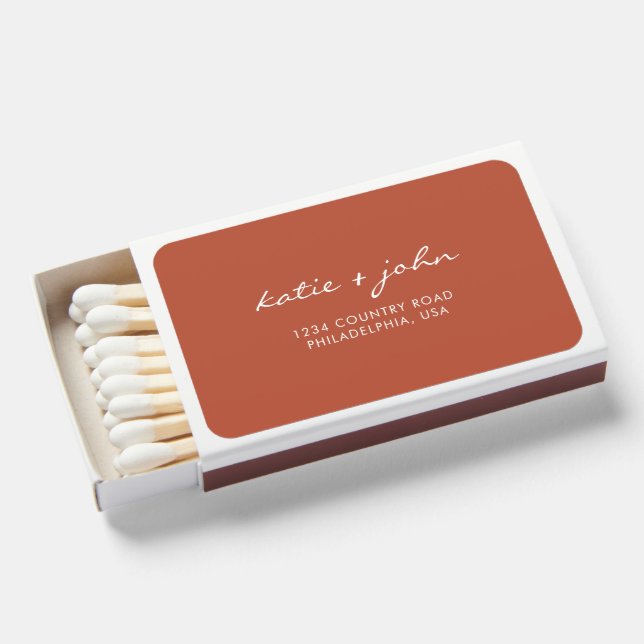 Simple Minimalist Terracotta Wedding Matchboxes (Front Open)