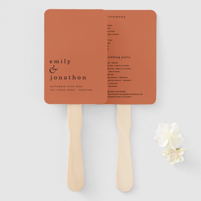 Simple Minimalist Text Terracotta Wedding Program Hand Fan (Front and Back)