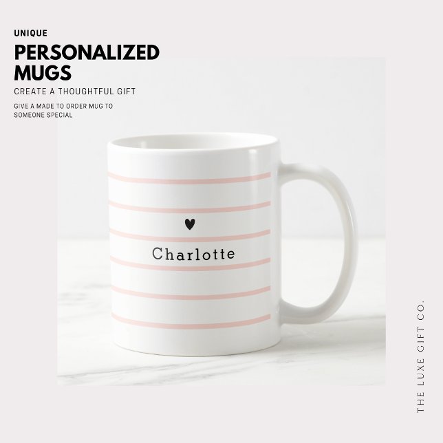 Simple Minimalist Tiny Heart Blush Stripe Monogram Coffee Mug (Creator Uploaded)
