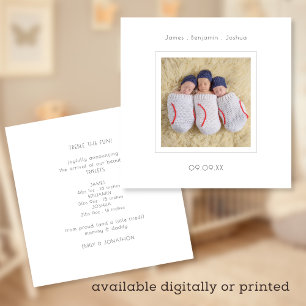 Simple Minimalist Triplets Photo Birth  Announcement