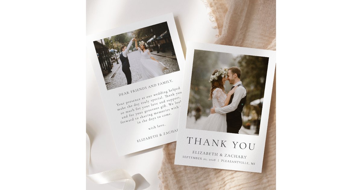 Simple Minimalist Two Photo Wedding Thank You Card | Zazzle