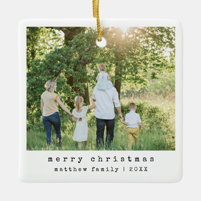 Simple Minimalist Typewriter Family Photo Ceramic Ornament (Front)