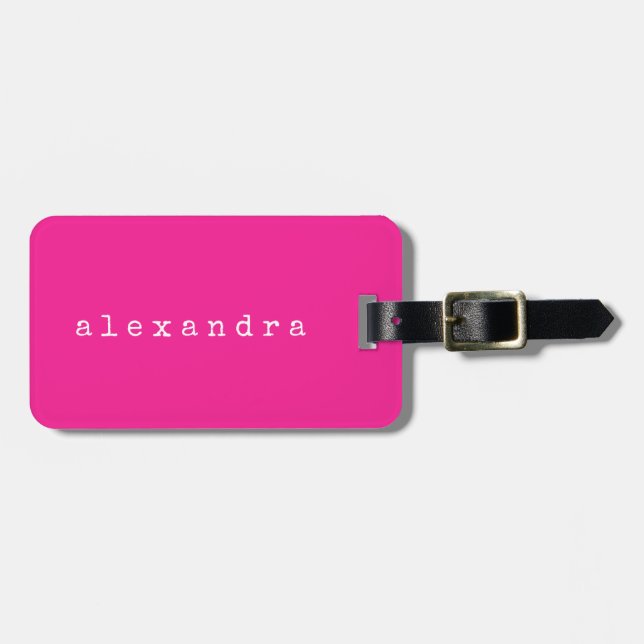 Simple Minimalist Typewriter Name Custom Hot Pink Luggage Tag (Front Horizontal)