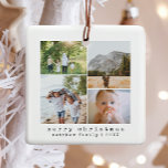 Simple Minimalist Typewriter Photo Collage Ceramic Ornament<br><div class="desc">This modern family photo collage Christmas ornament features elegant typewriter-style text with “Merry Christmas” and space to add your family names. Personalize with four favorite photos to create a beautiful holiday keepsake. A simple and timeless Christmas gift that’s perfect for any family member this winter.</div>
