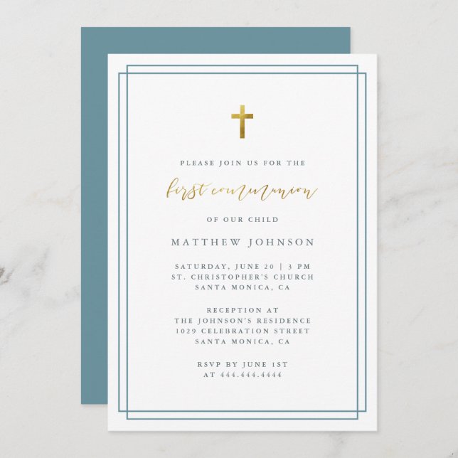 Simple Minimalist Typography Blue First Communion Invitation (Front/Back)
