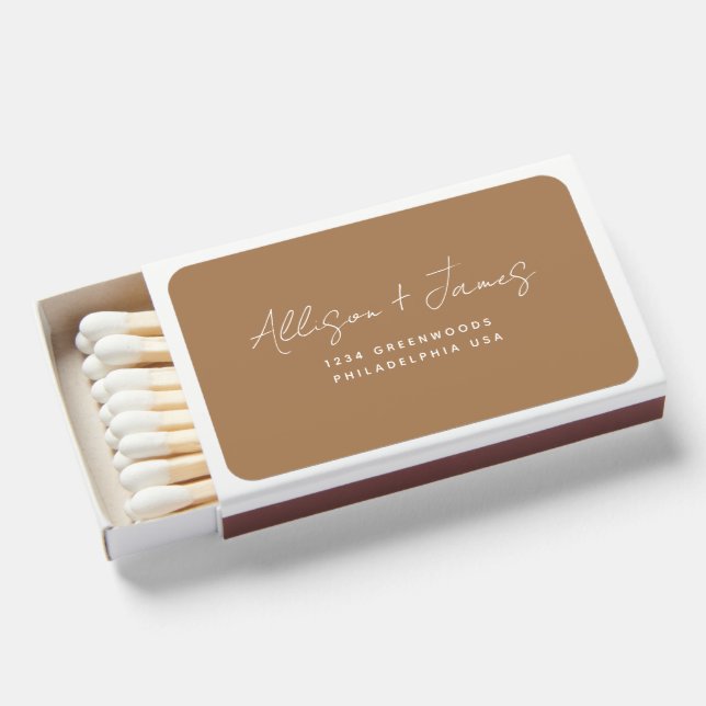Simple Minimalist Typography Script Wedding Brown Matchboxes (Front Open)