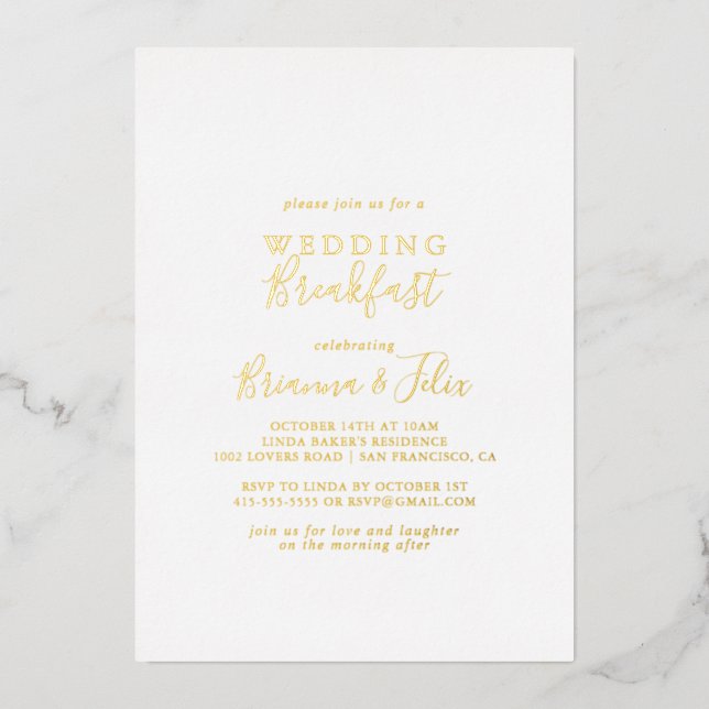 Simple Minimalist Wedding Breakfast Gold    Foil Invitation (Front)