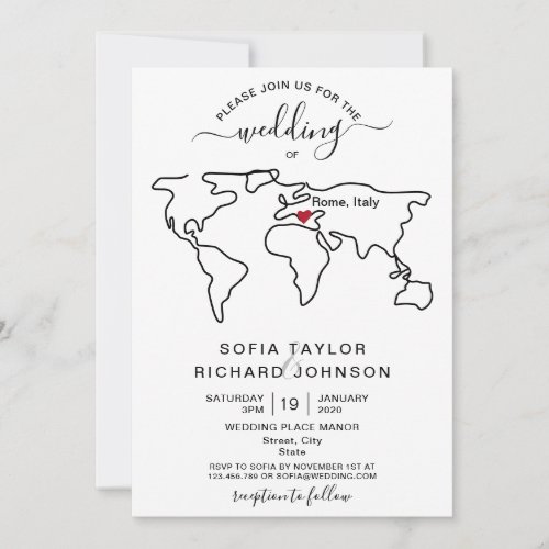 Simple Minimalist Wedding Destination World Map In Invitation