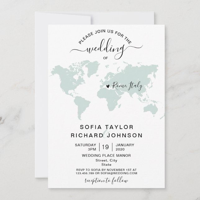 Simple Minimalist Wedding Destination World Map  Invitation (Front)
