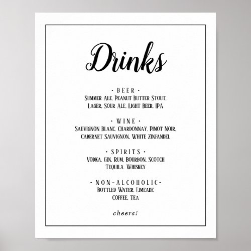 Simple Minimalist Wedding Drinks Menu Frame Sign