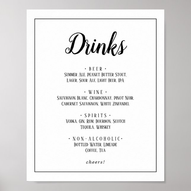 Simple Minimalist Wedding Drinks Menu Frame Sign (Front)