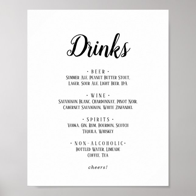 Simple Minimalist Wedding Drinks Menu Sign (Front)