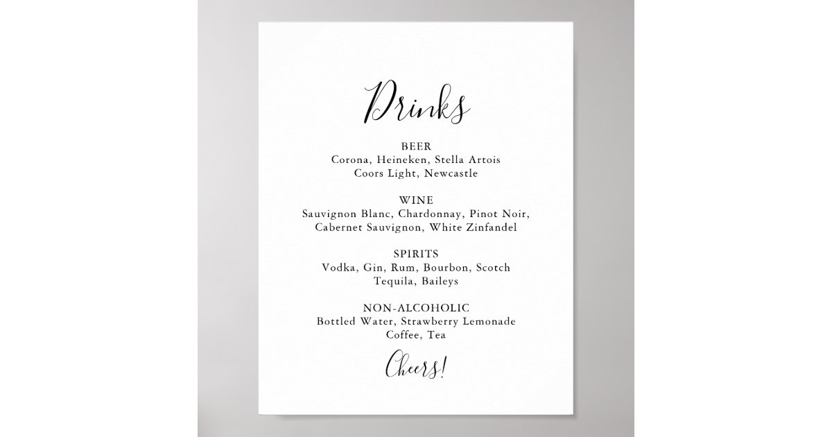 Simple Minimalist Wedding Drinks Menu Sign