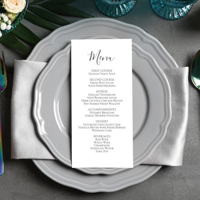 Simple Minimalist Wedding Menu (Wedding menu card with a simple black and white calligraphy script.)