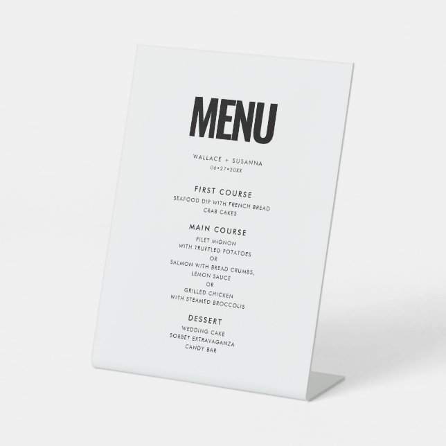 Simple minimalist wedding menu pedestal sign (Front)