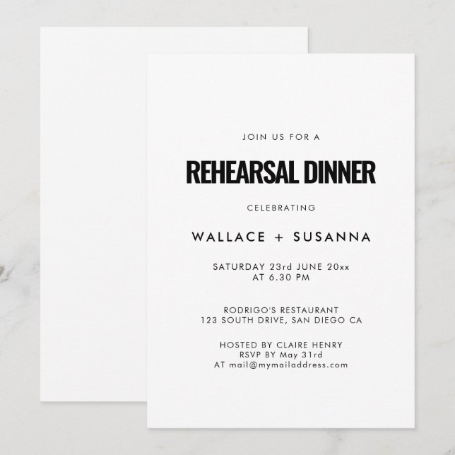 Simple minimalist wedding rehearsal dinner invitation (Front/Back)