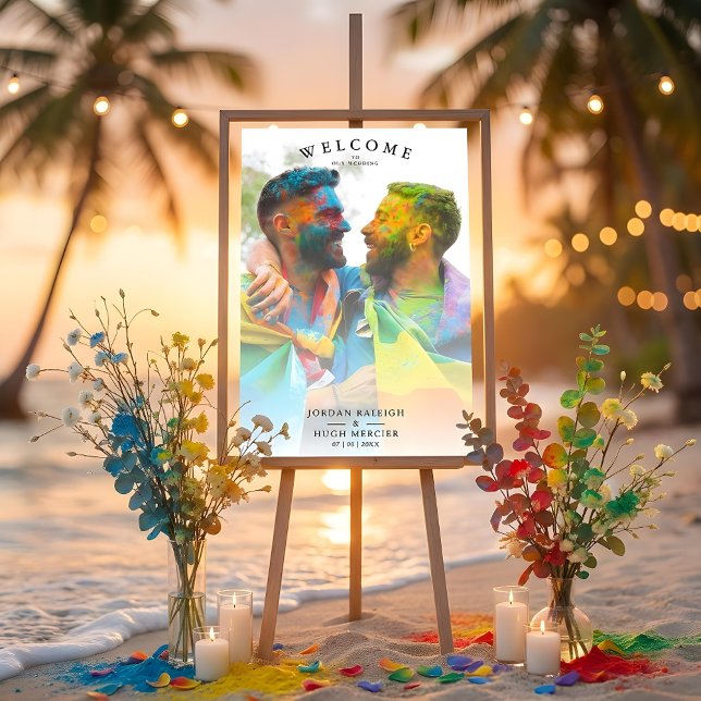Simple Minimalist Wedding Welcome Photo Poster (Simple Rainbow Colors LGBT Design with Engaged Couple Photo.)